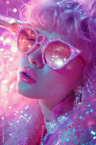 1980s aesthetics type portrait of a girl, with sunglasses, with sparkles and glitters, disco style, 20yo, pink purple and blue colors