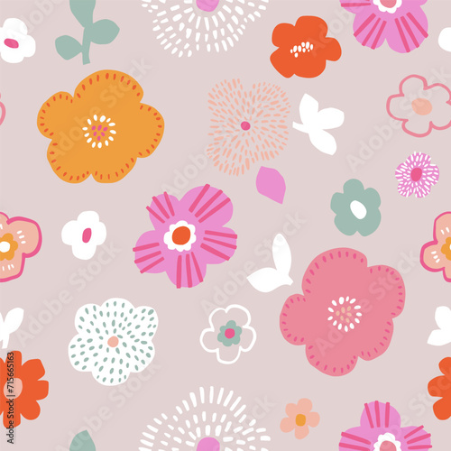 Seamless floral pattern with pastel colorful flowers. Botanical minimal texture. Vector illustration