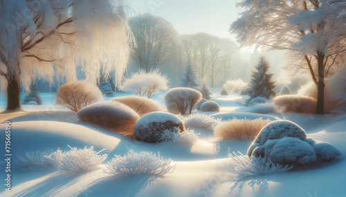 beautiful natural landscape of winter park with snowdrifts, bushes, trees covered with frost and snow caps, illuminated by soft sunlight