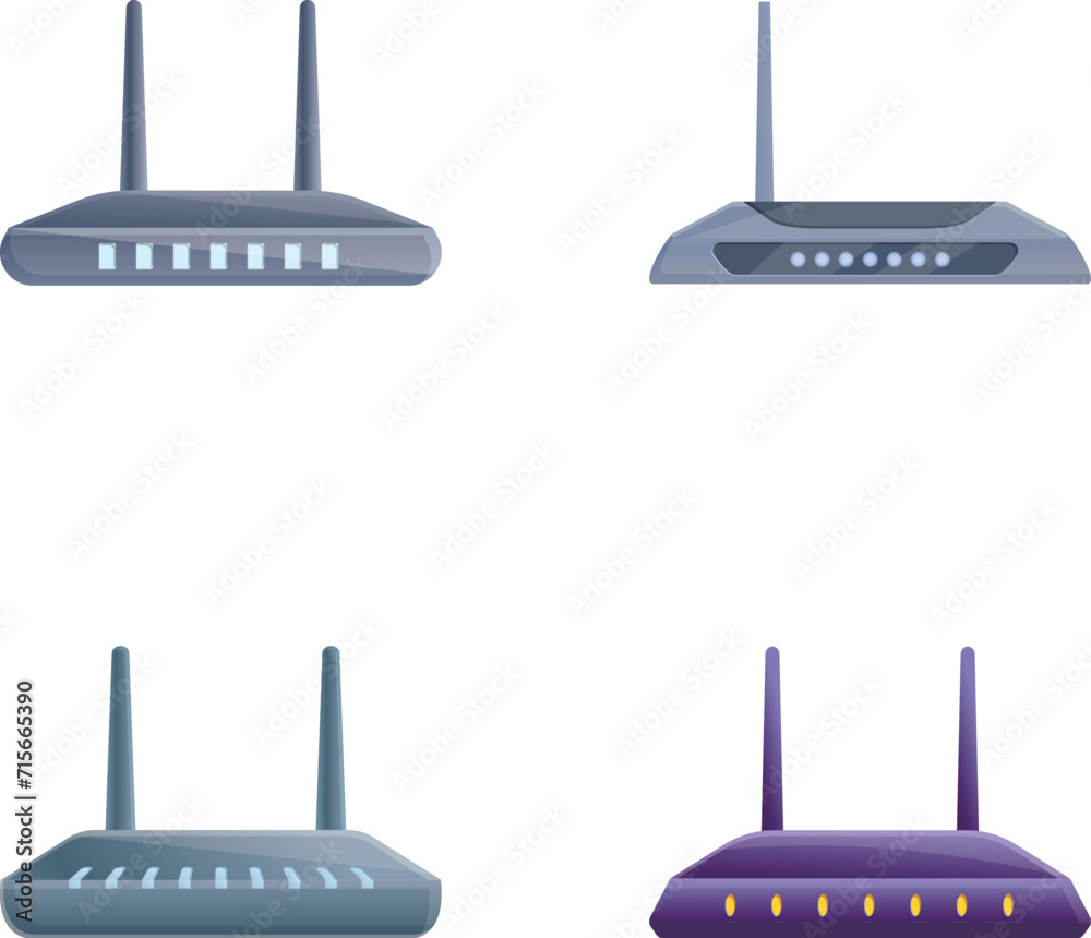 Router icons set cartoon vector. Wireless wi fi router. Electronic device Router icons set cartoon vector. Wireless wi fi router. Electronic device