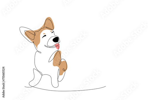 Continuous one line drawing of a dog. Single line silhouette of sitting corgi. Cute puppy for design. Minimalist black linear sketch of pet with color shapes isolated. Vector editable stroke