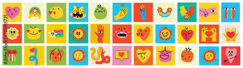 70's groovy square posters, cards or stickers. Retro print with hippie cute colorful funky character concepts of crazy geometric, dripping emoticon. Only good vibes sentence