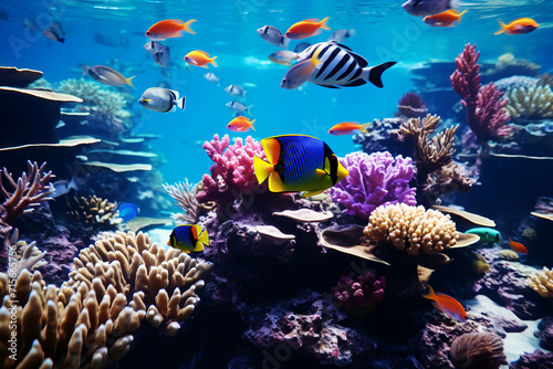 Underwater world with corals and tropical fish. Nature background.