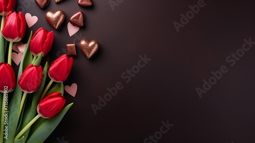 rose flower leaves on wooden background flatlay for valentines day 