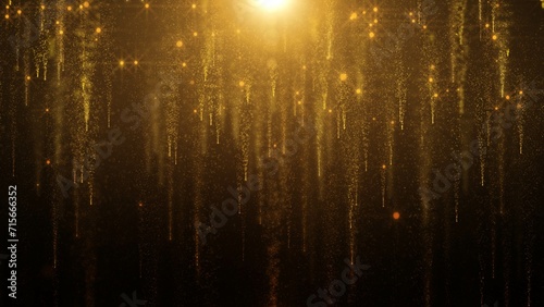Glittering gold particle background greeting merry Christmas with lens flare shinning light. Abstract straight line with bokeh new year festival illustration background.