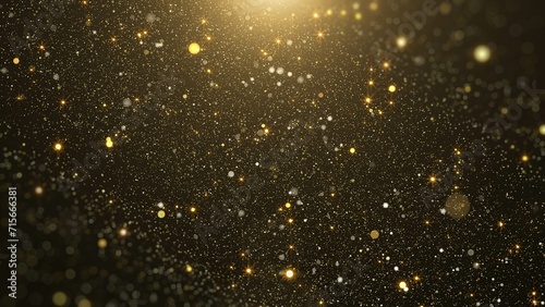 Golden glittering sparkle, flickering particle fly through concept. Glamour gold lens flare, bokeh dynamic flowing in the air, space for new year, Christmas Illustration Background.