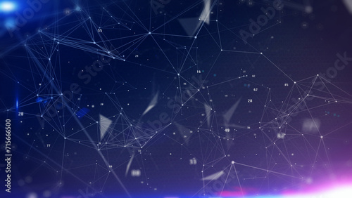 Technology digital line corner structure cyber data network connection concept. Abstract geometric, triangle shape moving with number particle floating in blue background illustration.