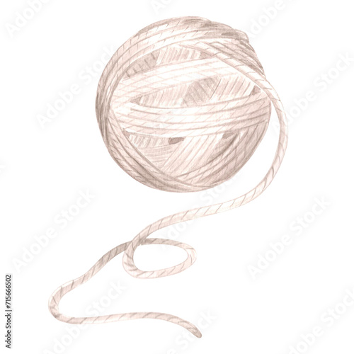 Watercolor tangle of brown threads, wool knitting yarn. Template illustration knitting crochet hook and needles. Isolated hand drawn illustration for cards, knitter blog, needlework store, embroidery