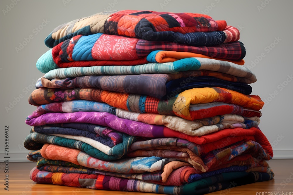 A stack of colorful, hand-stitched quilts, each one a work of art.