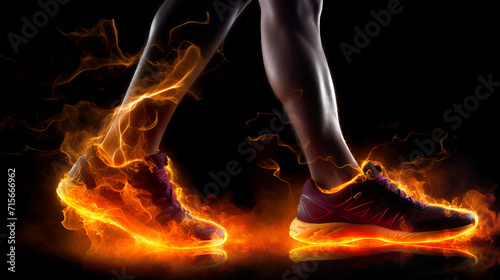 Sport. Runner. Side view of a jogger legs with the power in the veins isolated on black. Fire and energy. generative AI 