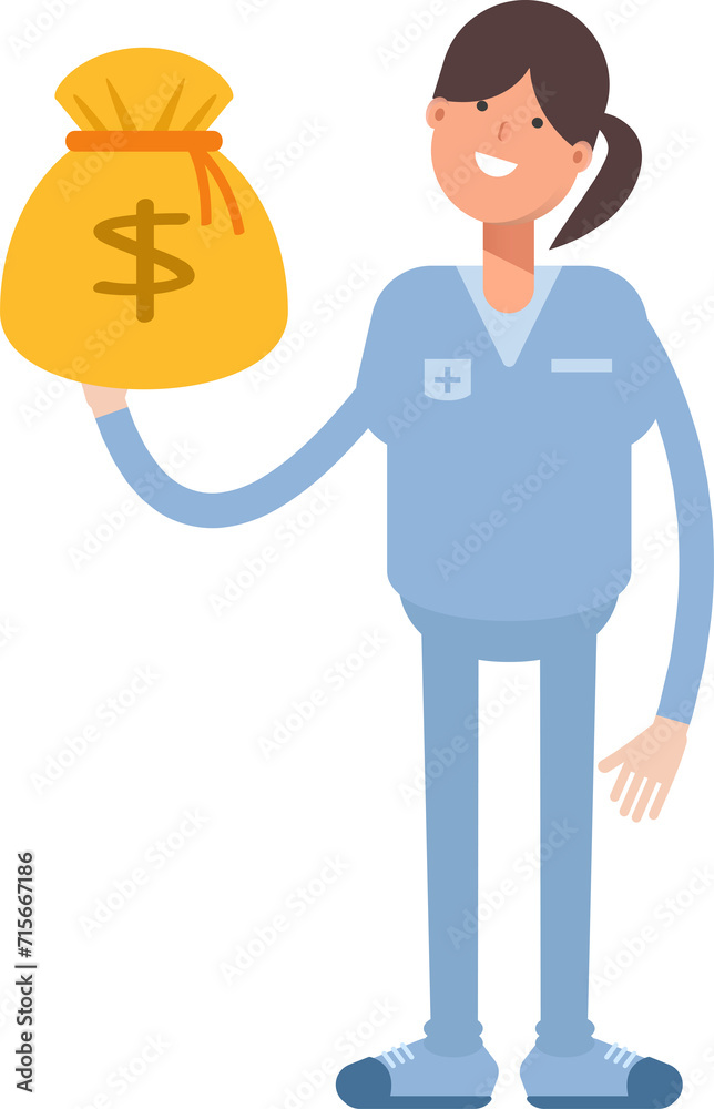 Nurse Character Holding Dollar Sack
