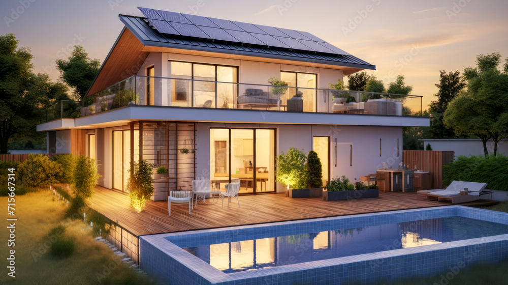 Fototapeta premium Early evening in front of family house with swimming pool, wooden terrace and garden