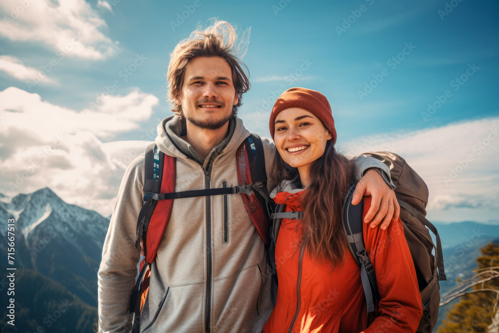 Young man and woman with backpacks on mountains under blue sky