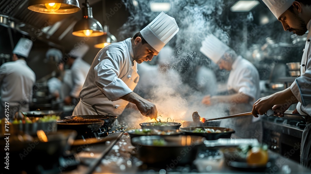 a group of chefs in a kitchen preparing food on a stove top oven with steam coming out of the top - obrazy, fototapety, plakaty 