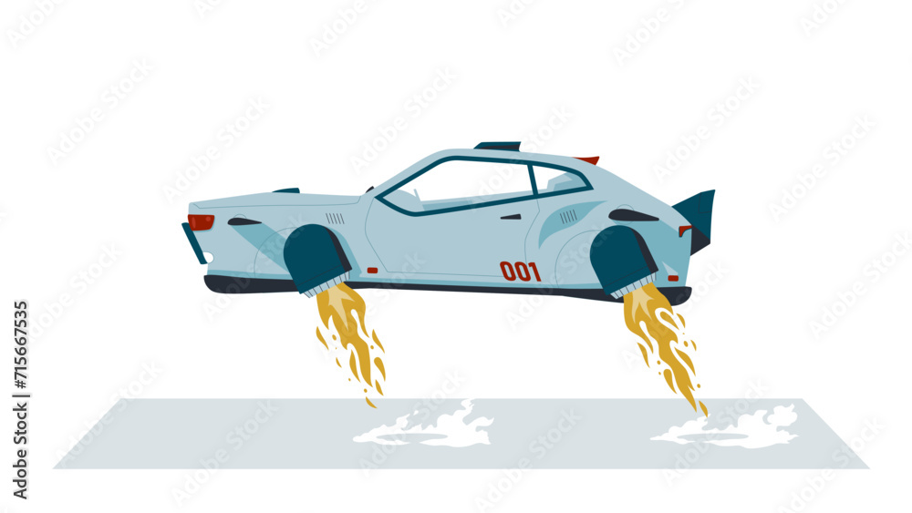 Vector illustration of a flying car taking off. Cartoon sports flying car with jet engines. Represents futuristic transportation. Modern flying car industry.