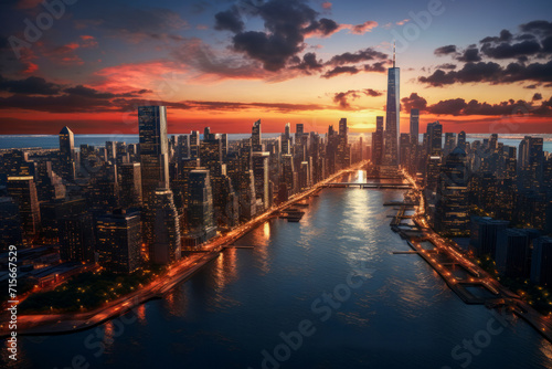 Top view of modern evening big city with skyscrapers on sea coast at sunset