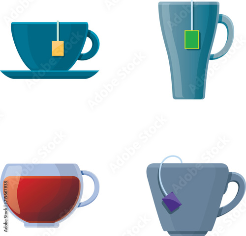 Tea icons set cartoon vector. Different type of cup with tea drink. Teatime, breakfast