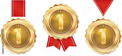 Set of three golden metal medals with red ribbon