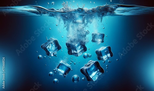 depicting several ice cubes falling into deep blue water background photo