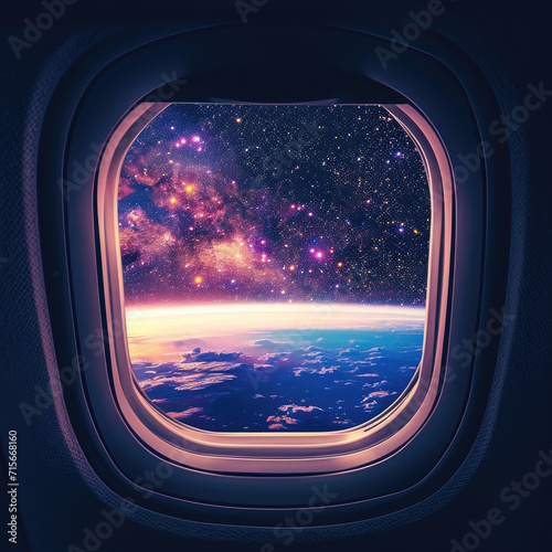 Into space looking through plane window into infinity universe. retro style. wide angle