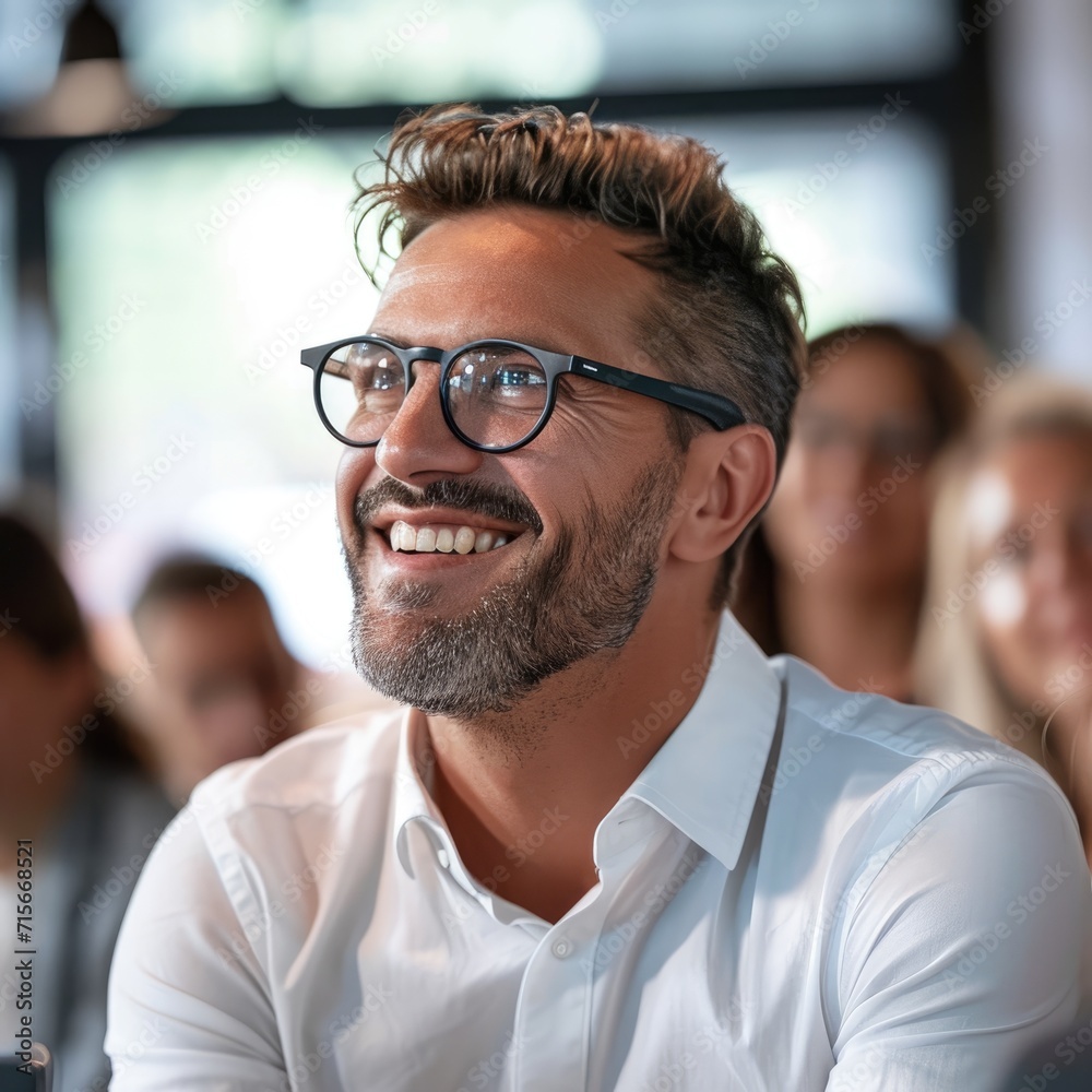 Obraz premium An entrepreneur's man face with sparkling excitement eyes as he has a perfect startup idea