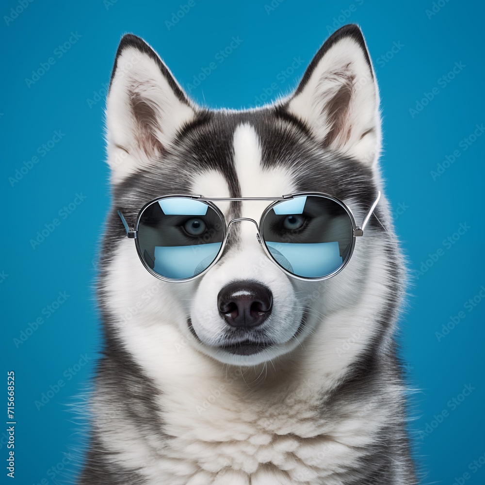 Siberian Husky on Blue Background with cute glasses Generated Ai.