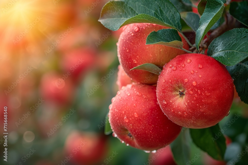 Obraz premium Crispy red apple on a tree limb on a bright autumn day