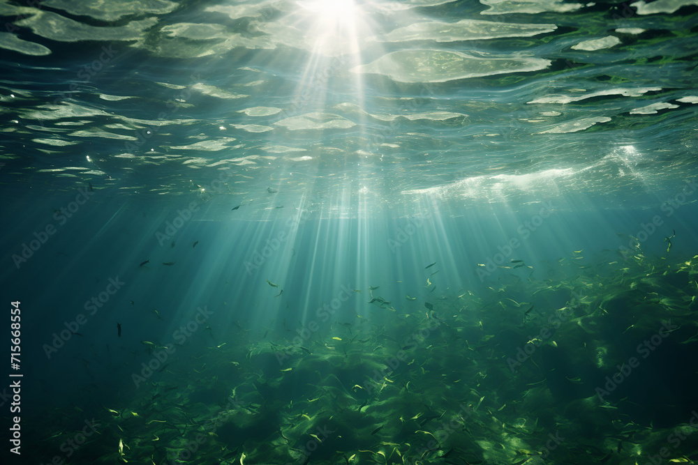 Underwater view of the coral reef with fish and rays of light