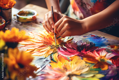 Close-up of female artist painting flowers with watercolors on canvas photo
