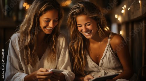 happy woman watching the smart phone. girl and friend having fun and looking at smart phone and tablet people  friendship  cloud computing and technology concept - group of smiling teenage friends 