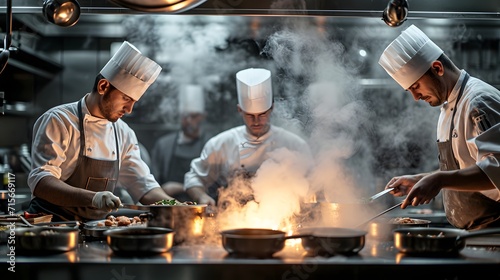 a group of chefs in a kitchen preparing food on a stove top oven with steam coming out of the top photo