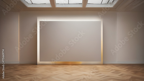  Artifical Intelligence generated image of interior with empty frame. Blank picture frame hanging on wall, AI generated image