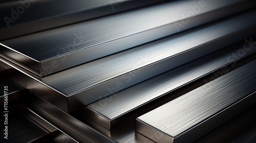 many metal sills of stock. Steel or aluminum sheets in warehouse, rolled metal product. photo