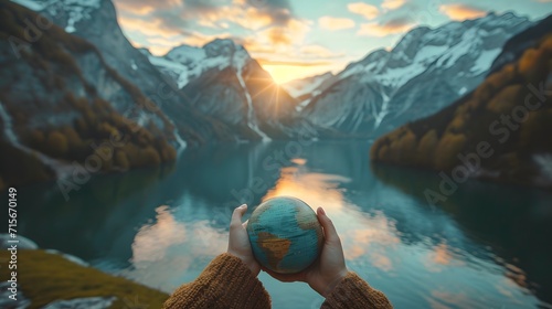 view from the top of the mountain, a woman holding a small globe in her hands in front of mountains and a lake in the background with the sun shining on the mountains