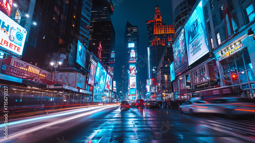 This stock photograph captures the pulsating energy of a futuristic cityscape at twilight, with neon lights and streaks of traffic that evoke a scene crafted by AI Generative creativity. photo