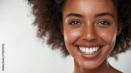 A heartwarming close-up of a smiling young woman, showcasing her perfect teeth and joyful expression with AI generative precision.