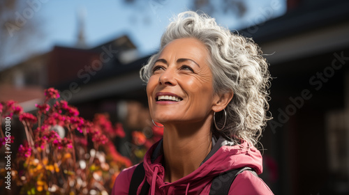 Fitness, nature and senior woman stretching before an outdoor run or cardio workout with bokeh. Happy, smile and portrait of elderly lady doing warm up exercise before training for a race or marathon