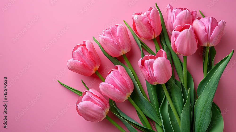 Obraz premium Fresh pink tulips arranged on a pink backdrop, an AI generative representation.