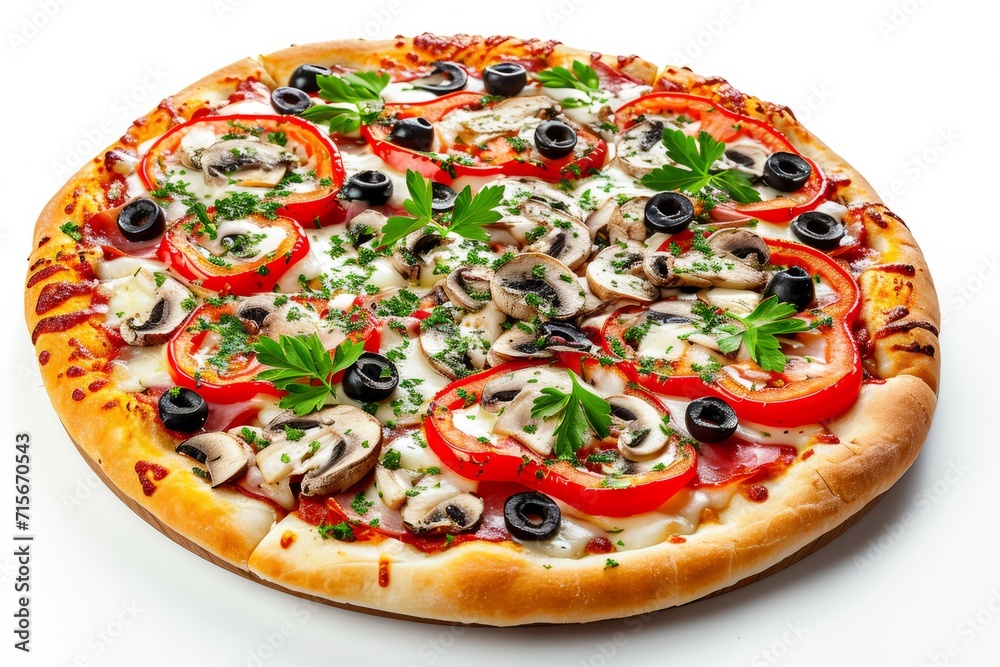 Delicious vegetarian pizza with champignon mushrooms, tomatoes, mozzarella, peppers, and black olives, isolated on a white background, isolated, close-up Delicious vegetarian pizza with champignon mushrooms, tomatoes, mozzarella, peppers, and black olives, isolated on a white background, isolated, close-up