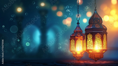 Ornate lanterns with bokeh lights, designed by AI generative technology.