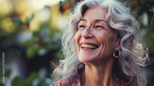 Joyful senior woman laughing in a natural setting, a representation of happiness and contentment in the golden years – this image is AI Generative.