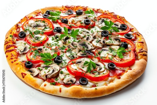 Delicious vegetarian pizza with champignon mushrooms, tomatoes, mozzarella, peppers, and black olives, isolated on a white background, isolated, close-up