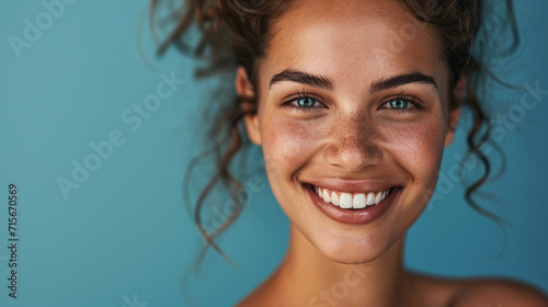 Radiant young woman with a bright smile, showcasing a carefree and lively demeanor against a blue background – this image is AI Generative.