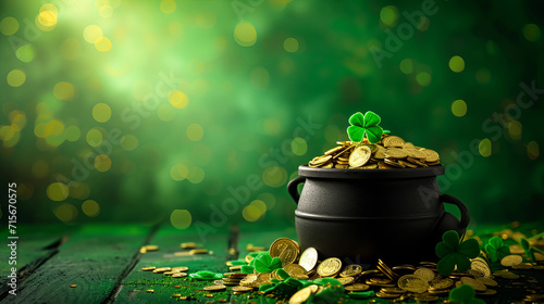 A pot of gold with clovers against a sparkling green backdrop, crafted via AI generative art.