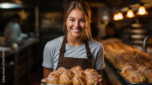 Portrait of happy young female baker standing by workplace and selling fresh pastry. female baker holding freshly baked almond croissants in background of bakery. Young smiling seller woman in cafe  photo
