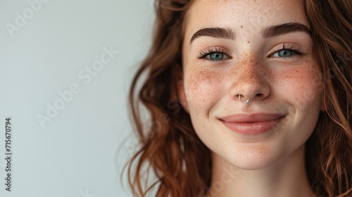 A carefree young woman with curly hair and freckles shows a playful smile is AI Generative. photo