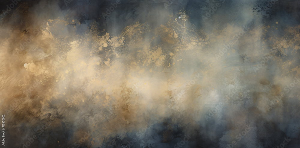 Obraz premium golden glitter background, in the style of dark indigo and light beige, splattered/dripped, luminous landscape painting, dark black and gray, mist, spray paint, whimsical abstract