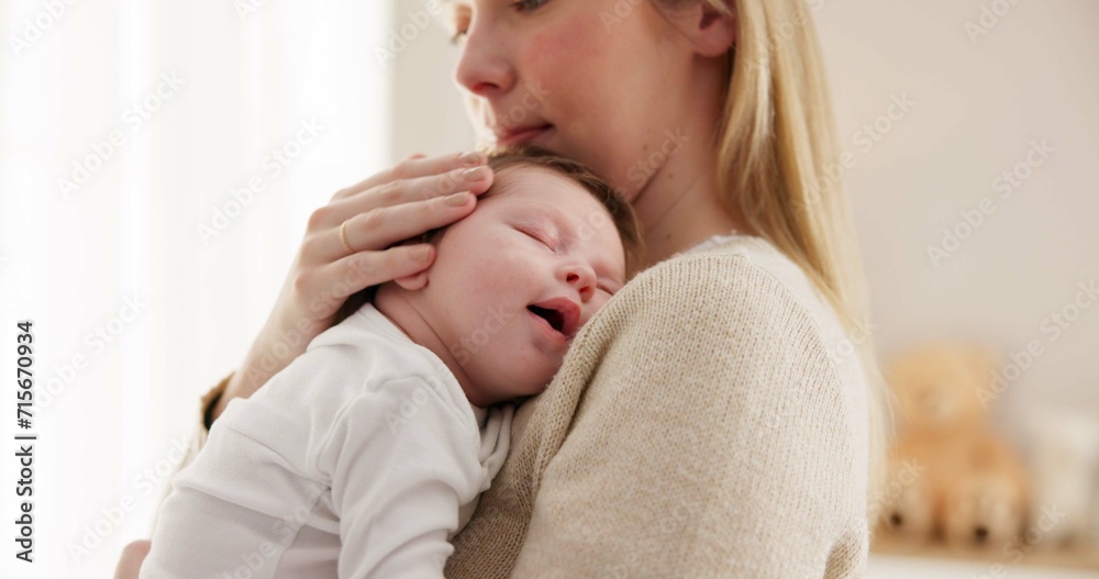 Love, mother and baby in nursery for sleeping, bonding and touch or cuddle with support or care. Woman, mom or holding newborn in bedroom with bond and relax for child development and nurture in home Love, mother and baby in nursery for sleeping, bonding and touch or cuddle with support or care. Woman, mom or holding newborn in bedroom with bond and relax for child development and nurture in home