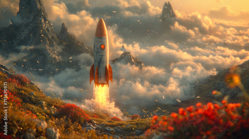 Fototapeta premium A rocket launch on a verdant alien planet, showcasing the fusion of nature and technology, is AI Generative.