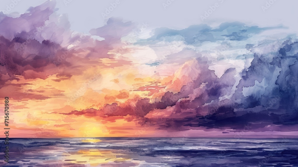Pastel Watercolor Skyline at Sunset with Cloudy Horizon. Soft pastel watercolor of a cloudy sunset horizon over a calm sea.